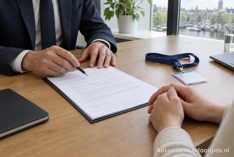 Advocaat en werknemer met een arbeidscontract op een bureau