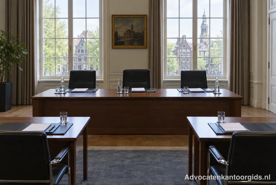 Zaal voor een arbitragezitting met een tafel voor drie arbiters