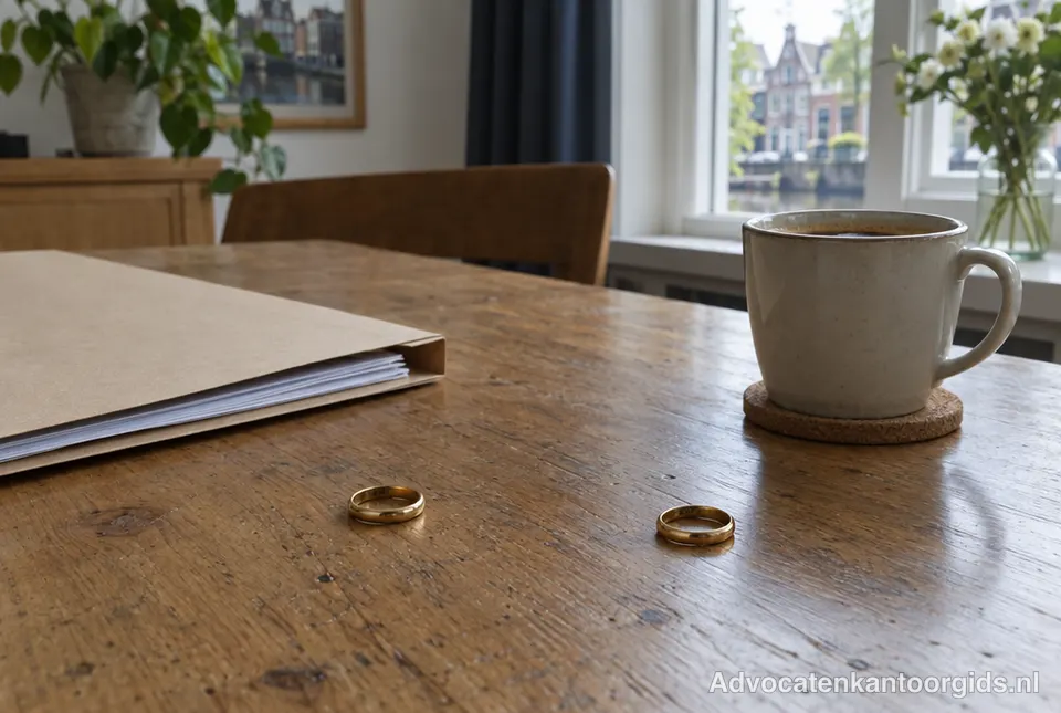 Twee trouwringen los van elkaar op een houten tafel naast een map