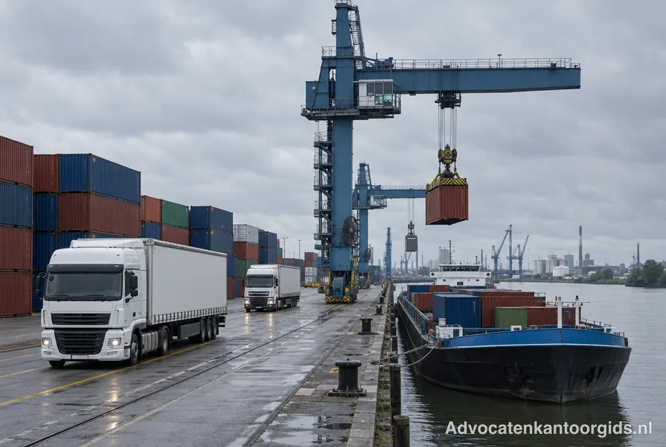 Vrachtwagens en containers op een kade in een binnenhaven